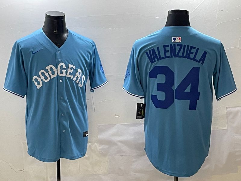 Men Los Angeles Dodgers #34 Valenzuela Light Blue Joint Name 2025 Nike MLB Jersey style 31612